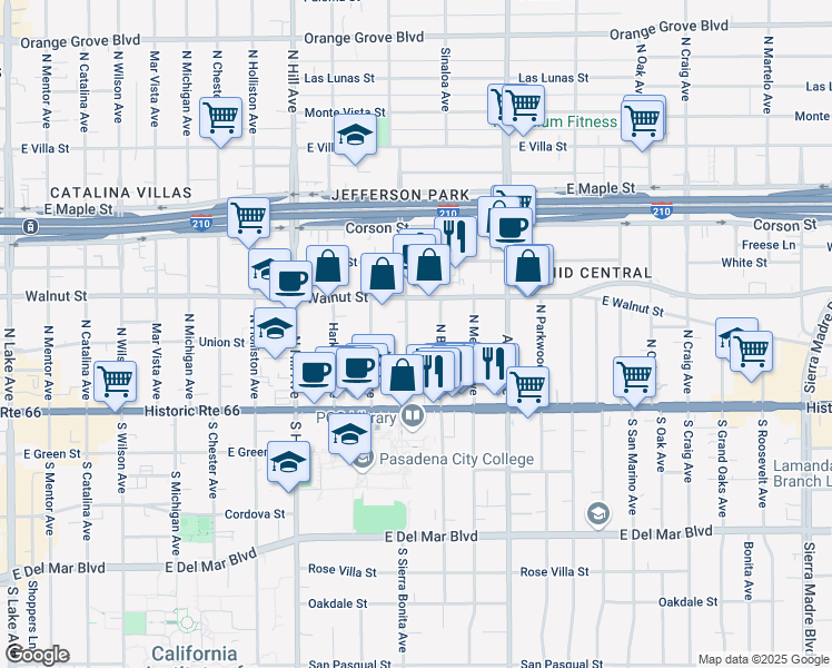 map of restaurants, bars, coffee shops, grocery stores, and more near 165 North Bonnie Avenue in Pasadena