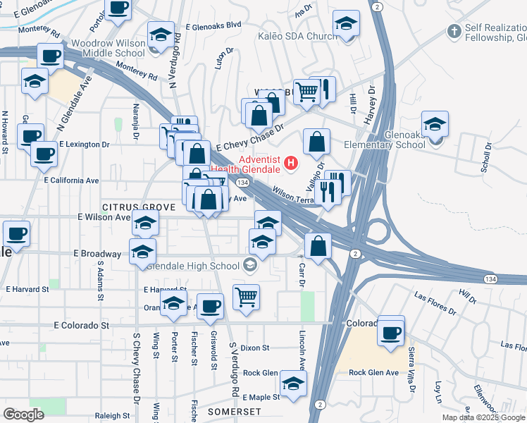 map of restaurants, bars, coffee shops, grocery stores, and more near 1485 East Wilson Avenue in Glendale