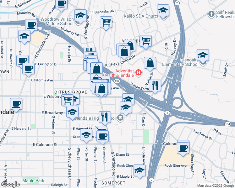 map of restaurants, bars, coffee shops, grocery stores, and more near 1468 Stanley Avenue in Glendale