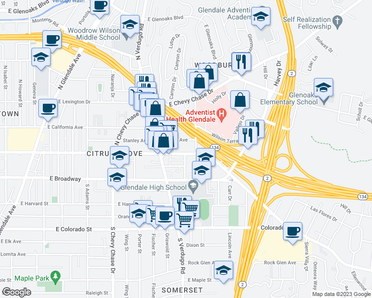 map of restaurants, bars, coffee shops, grocery stores, and more near 1468 Stanley Avenue in Glendale