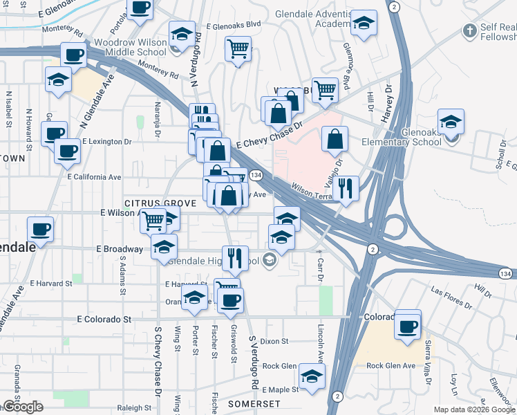 map of restaurants, bars, coffee shops, grocery stores, and more near 1468 Stanley Avenue in Glendale