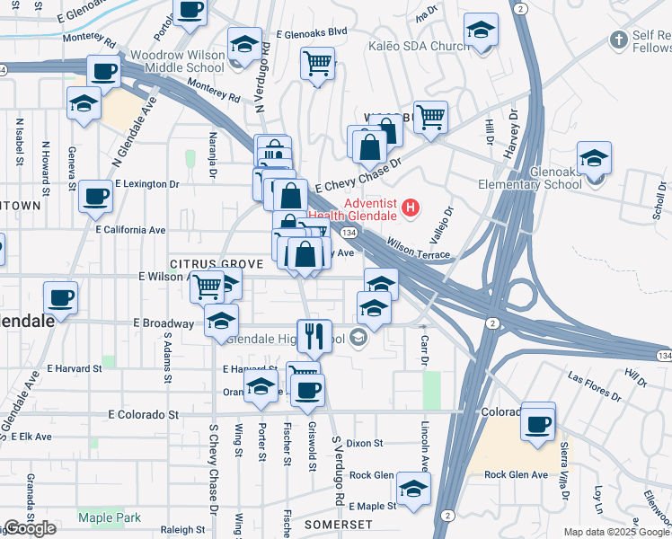 map of restaurants, bars, coffee shops, grocery stores, and more near 1431 Stanley Avenue in Glendale