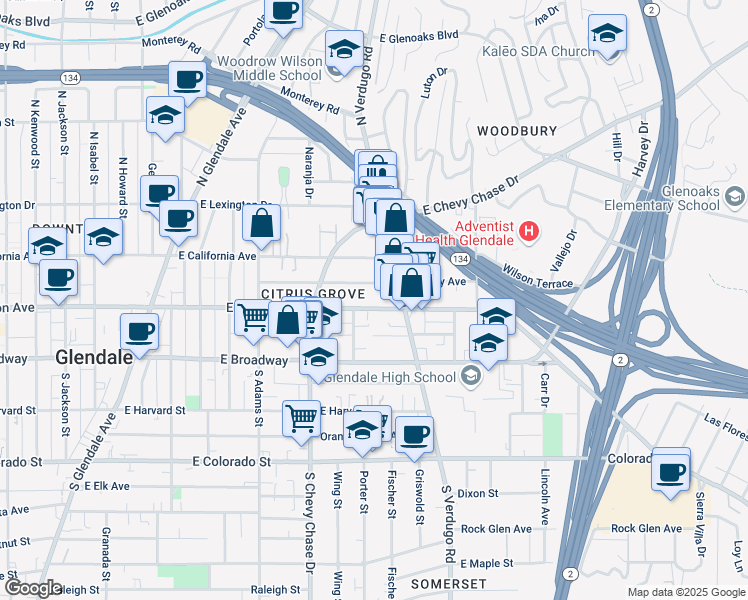 map of restaurants, bars, coffee shops, grocery stores, and more near 1300 Stanley Avenue in Glendale