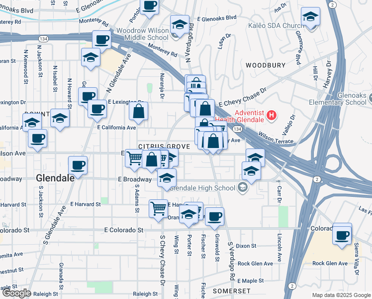 map of restaurants, bars, coffee shops, grocery stores, and more near 1300 Stanley Avenue in Glendale