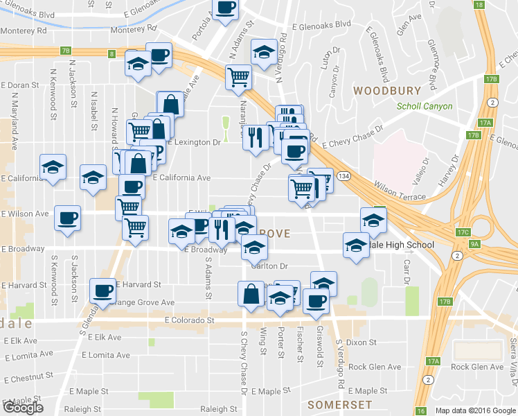 map of restaurants, bars, coffee shops, grocery stores, and more near in Glendale