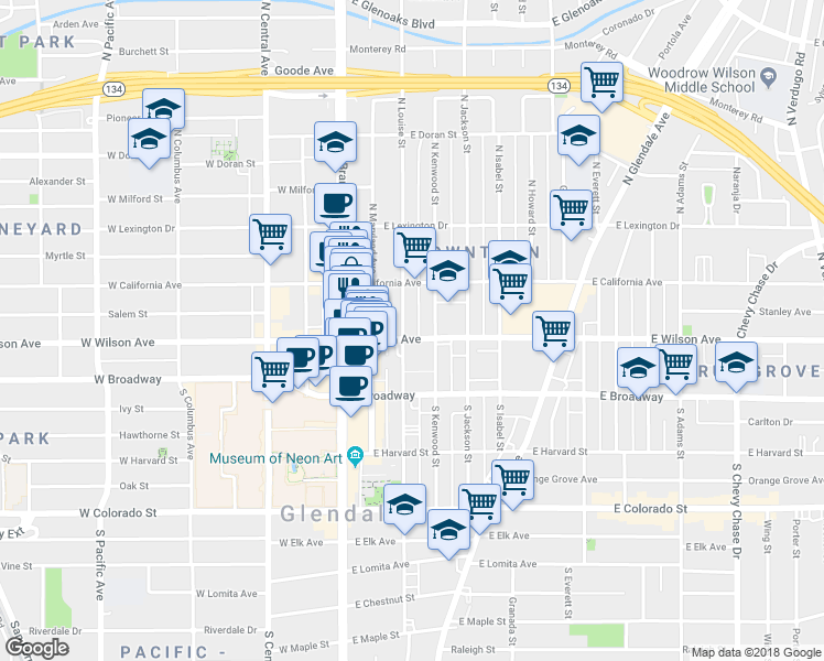 map of restaurants, bars, coffee shops, grocery stores, and more near 222 North Louise Street in Glendale