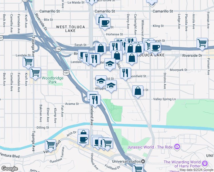 map of restaurants, bars, coffee shops, grocery stores, and more near 10878 Bloomfield Street in Los Angeles