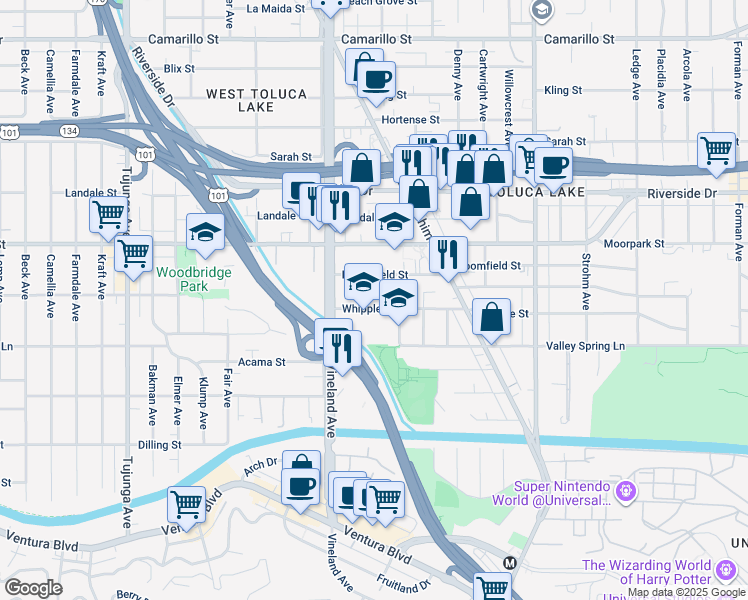 map of restaurants, bars, coffee shops, grocery stores, and more near 10878 Bloomfield Street in Los Angeles
