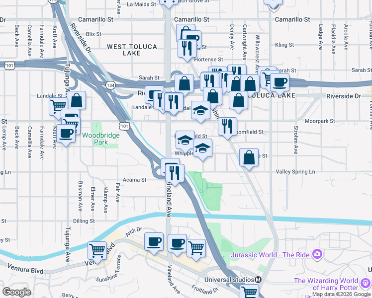 map of restaurants, bars, coffee shops, grocery stores, and more near 10942 Bloomfield Street in Los Angeles