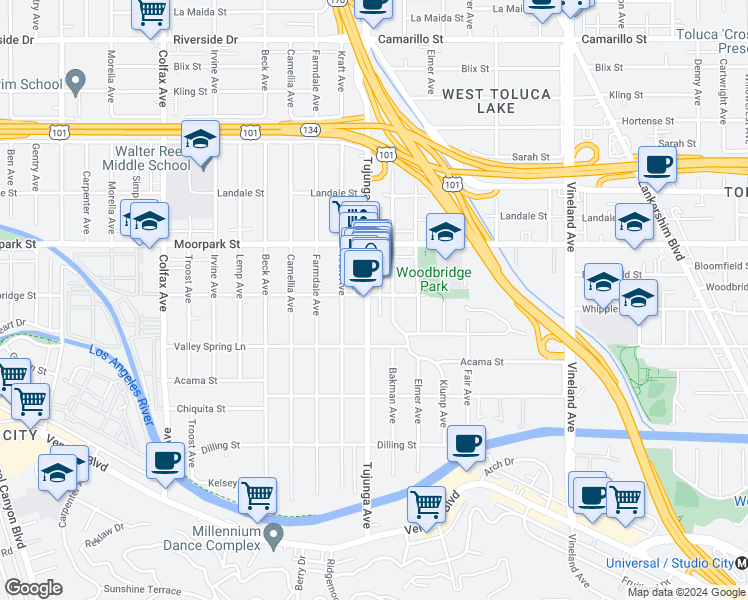 map of restaurants, bars, coffee shops, grocery stores, and more near 4336 Tujunga Avenue in Los Angeles