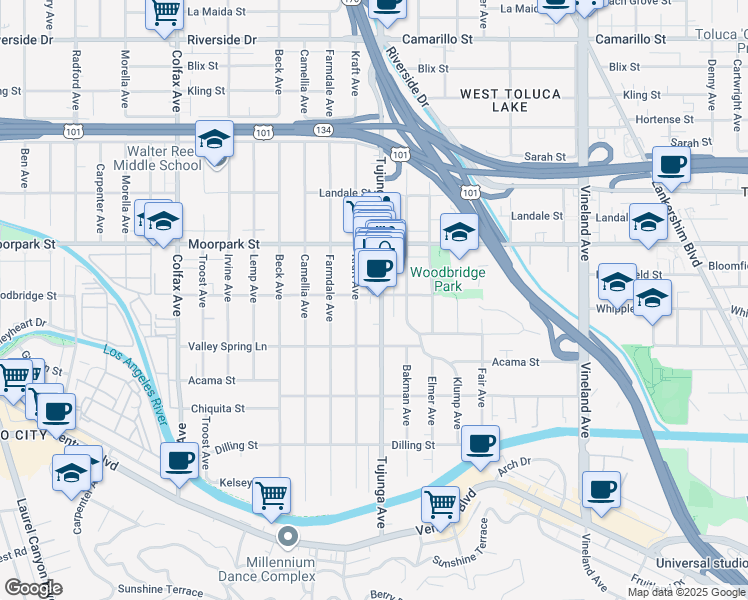 map of restaurants, bars, coffee shops, grocery stores, and more near 4356 Kraft Avenue in Los Angeles