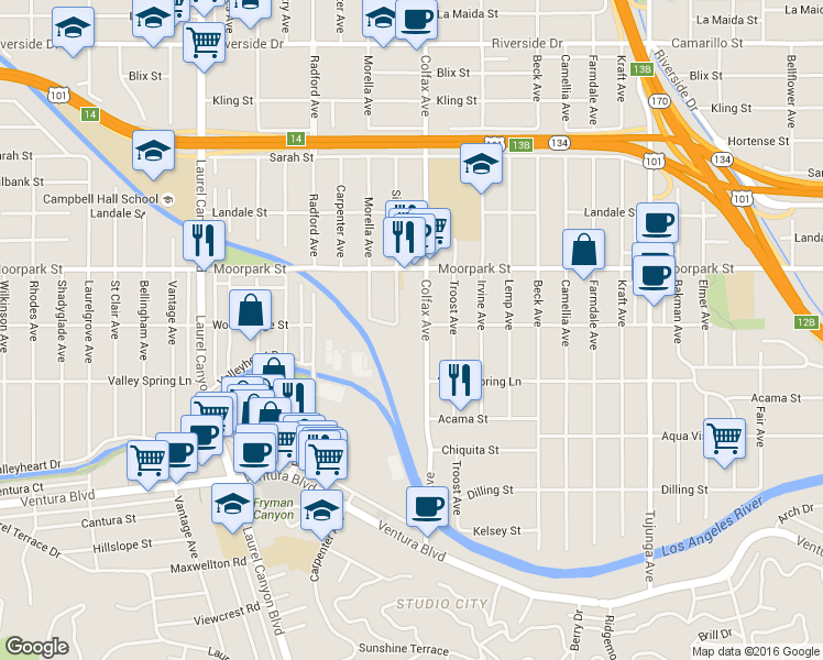 map of restaurants, bars, coffee shops, grocery stores, and more near 11762 Moorpark Street in Los Angeles