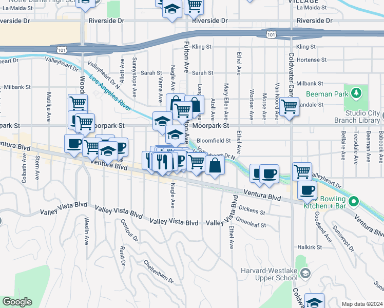 map of restaurants, bars, coffee shops, grocery stores, and more near 4300 Fulton Avenue in Los Angeles