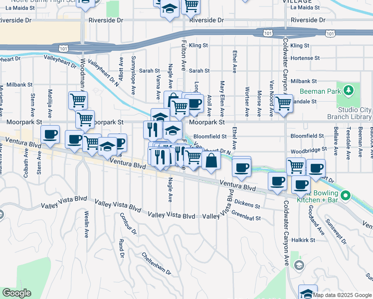 map of restaurants, bars, coffee shops, grocery stores, and more near 4300 Fulton Avenue in Los Angeles