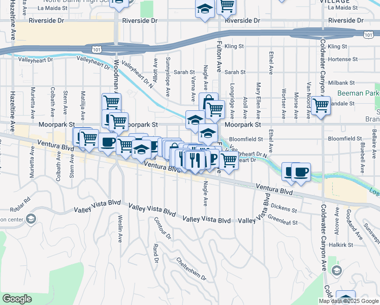 map of restaurants, bars, coffee shops, grocery stores, and more near 4261 Dixie Canyon Avenue in Los Angeles