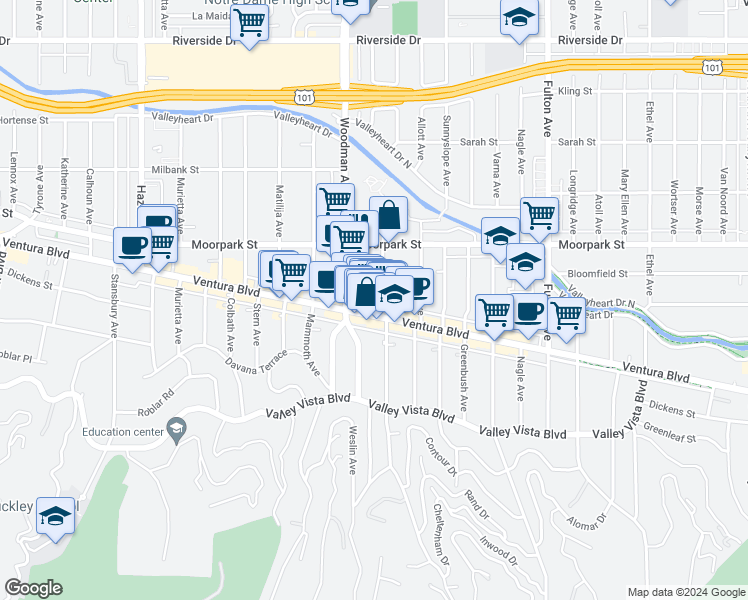 map of restaurants, bars, coffee shops, grocery stores, and more near 4346 Ventura Canyon Avenue in Los Angeles