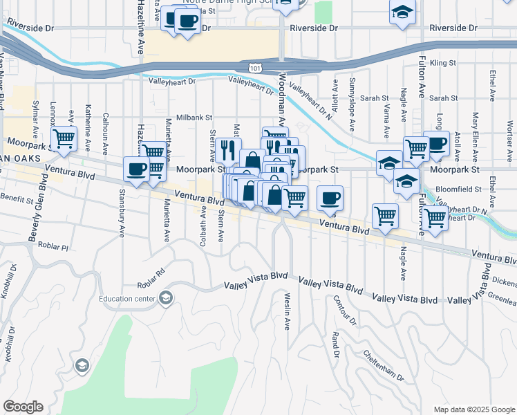 map of restaurants, bars, coffee shops, grocery stores, and more near 4324 Mammoth Avenue in Los Angeles