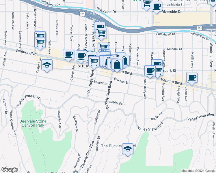 map of restaurants, bars, coffee shops, grocery stores, and more near 4300 Beverly Glen Boulevard in Los Angeles