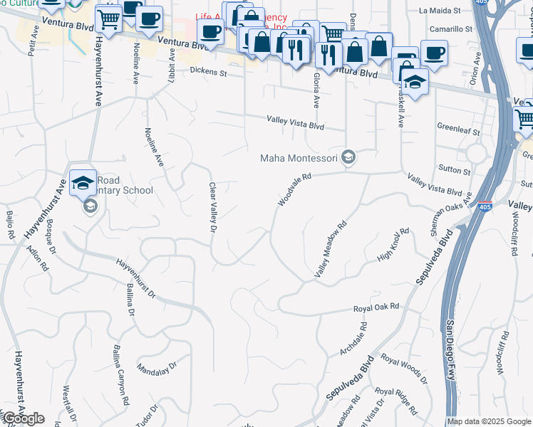 map of restaurants, bars, coffee shops, grocery stores, and more near 16021 Woodvale Road in Los Angeles