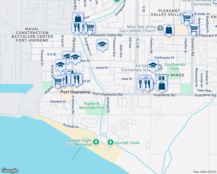 map of restaurants, bars, coffee shops, grocery stores, and more near 676 East Scott Street in Port Hueneme
