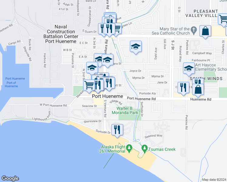 map of restaurants, bars, coffee shops, grocery stores, and more near 440 East Scott Street in Port Hueneme