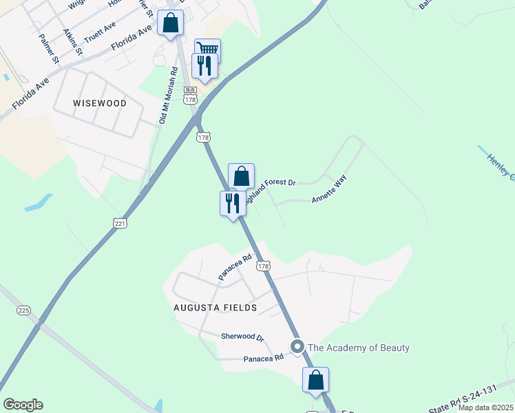map of restaurants, bars, coffee shops, grocery stores, and more near 100 Highland Forest Drive in Greenwood