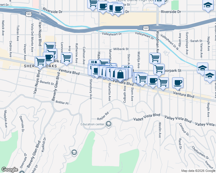 map of restaurants, bars, coffee shops, grocery stores, and more near 4273 Murietta Avenue in Los Angeles