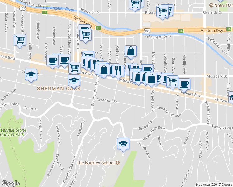 map of restaurants, bars, coffee shops, grocery stores, and more near 14234 Dickens Street in Los Angeles