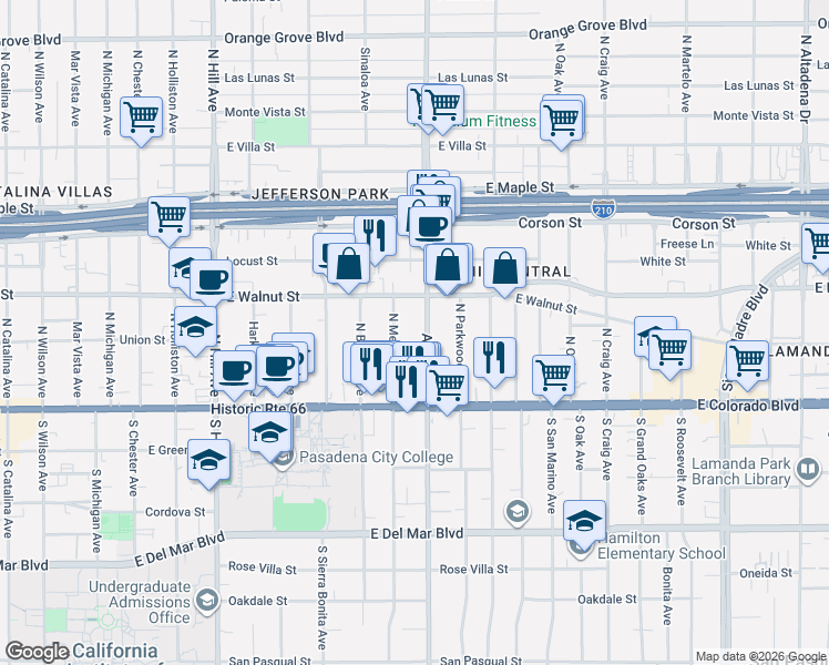 map of restaurants, bars, coffee shops, grocery stores, and more near in Pasadena