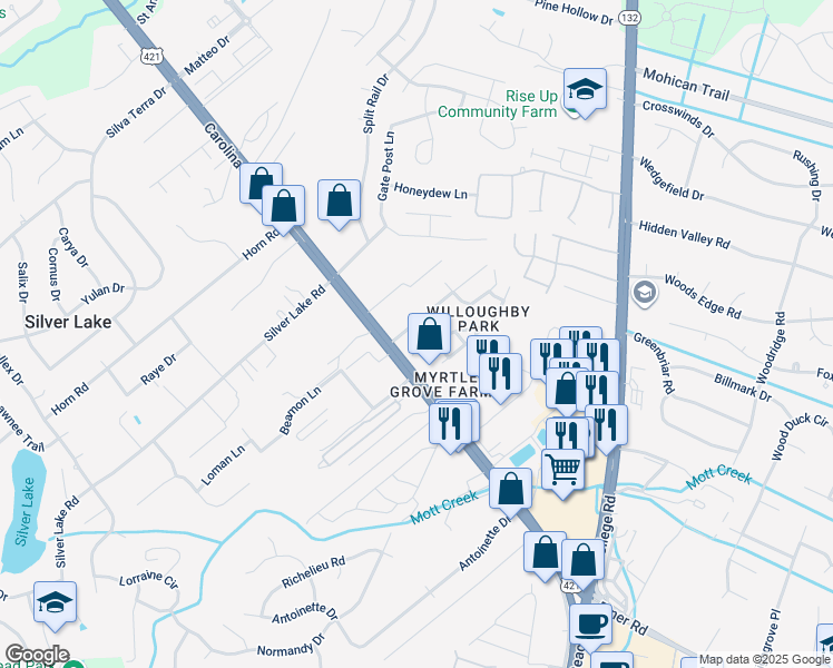 map of restaurants, bars, coffee shops, grocery stores, and more near 1406 Willoughby Park Court in Wilmington