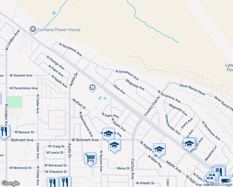 map of restaurants, bars, coffee shops, grocery stores, and more near 5737 Riverside Avenue in Rialto