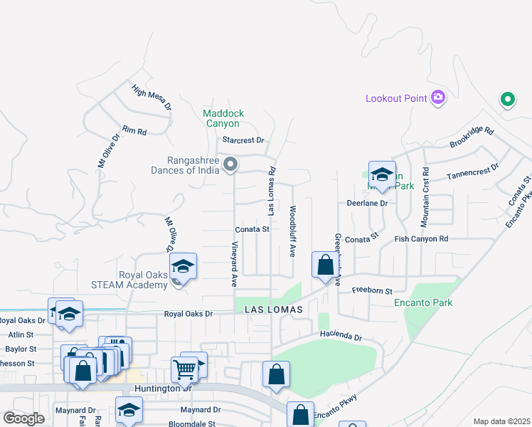 map of restaurants, bars, coffee shops, grocery stores, and more near 491 Las Lomas Road in Duarte