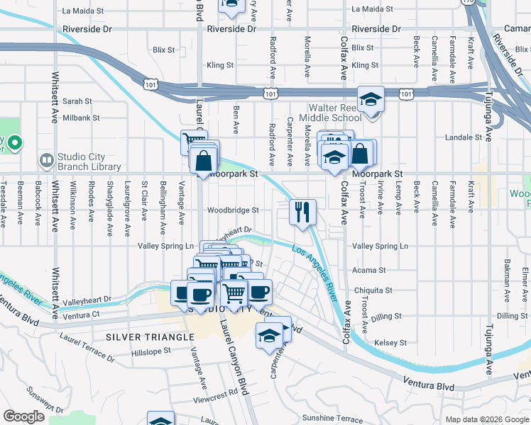 map of restaurants, bars, coffee shops, grocery stores, and more near 11910 Woodbridge Street in Los Angeles