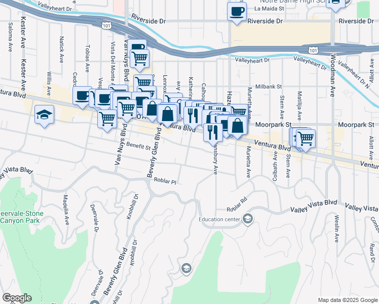 map of restaurants, bars, coffee shops, grocery stores, and more near 14234 Dickens Street in Los Angeles