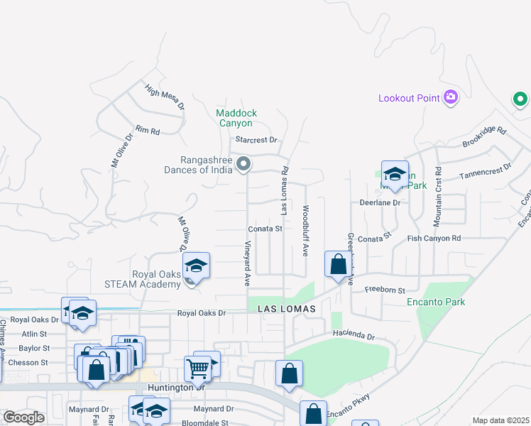 map of restaurants, bars, coffee shops, grocery stores, and more near 2611 Markwood Street in Duarte