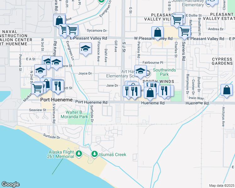 map of restaurants, bars, coffee shops, grocery stores, and more near 168 Courtyard Drive in Port Hueneme