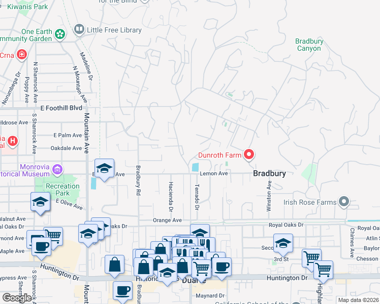 map of restaurants, bars, coffee shops, grocery stores, and more near 238 Barranca Road in Bradbury
