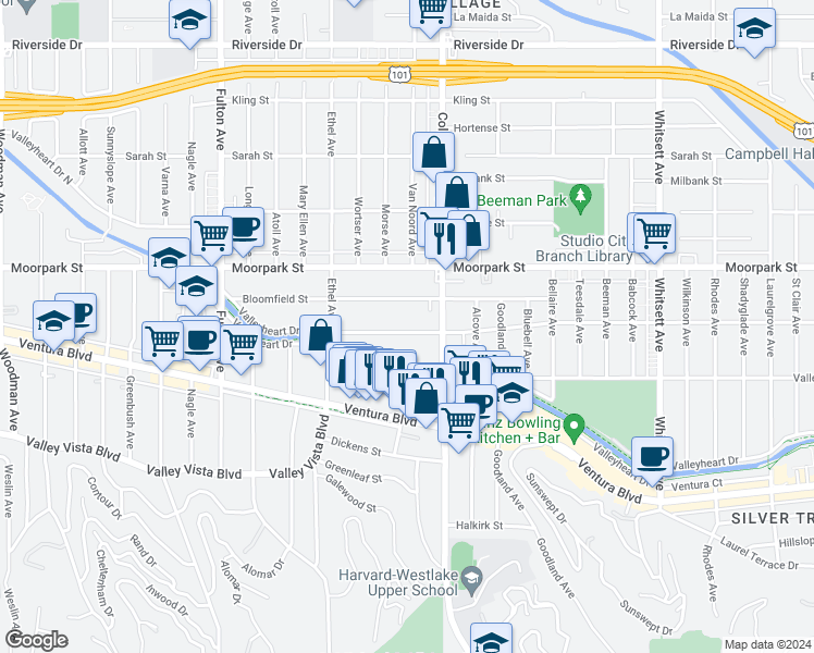 map of restaurants, bars, coffee shops, grocery stores, and more near 12937 Woodbridge Street in Los Angeles