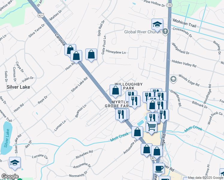 map of restaurants, bars, coffee shops, grocery stores, and more near 1406 Willoughby Park Court in Wilmington