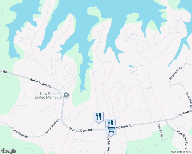 map of restaurants, bars, coffee shops, grocery stores, and more near 5995 Dolvin Lane in Buford