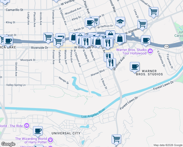 map of restaurants, bars, coffee shops, grocery stores, and more near 4231 Warner Boulevard in Burbank