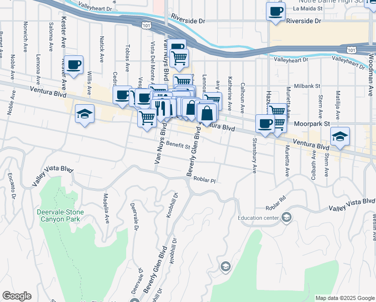 map of restaurants, bars, coffee shops, grocery stores, and more near 14435 Benefit Street in Los Angeles