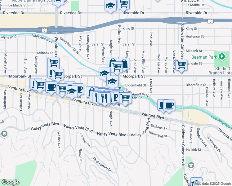 map of restaurants, bars, coffee shops, grocery stores, and more near 4259 Fulton Avenue in Los Angeles