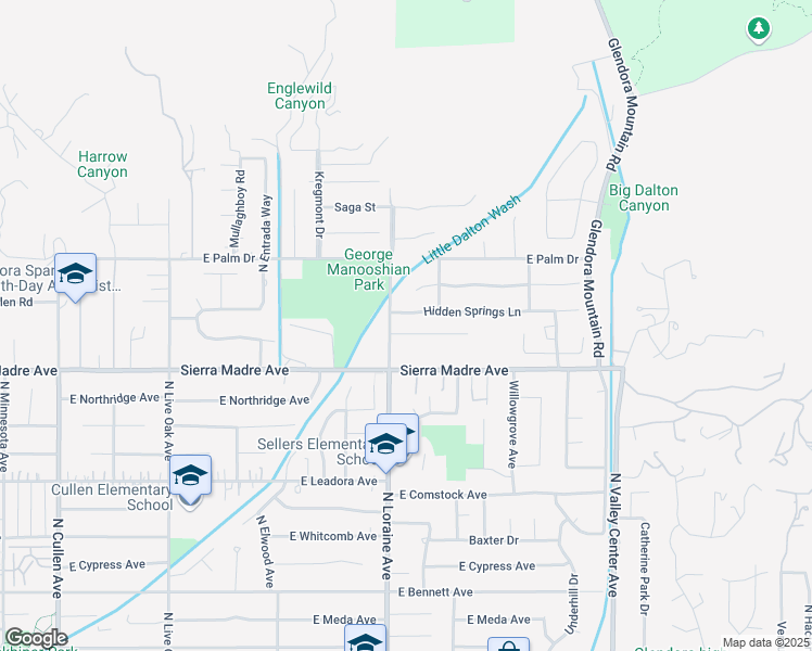 map of restaurants, bars, coffee shops, grocery stores, and more near 1110 Hidden Springs Lane in Glendora