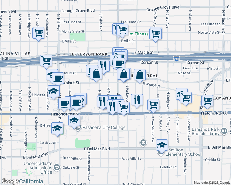 map of restaurants, bars, coffee shops, grocery stores, and more near in Pasadena