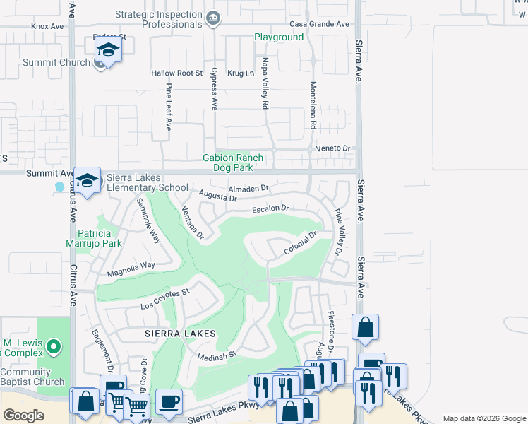 map of restaurants, bars, coffee shops, grocery stores, and more near 16633 Escalon Drive in Fontana