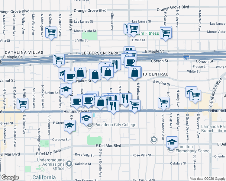 map of restaurants, bars, coffee shops, grocery stores, and more near 136 North Bonnie Avenue in Pasadena