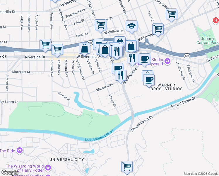 map of restaurants, bars, coffee shops, grocery stores, and more near 4140 Warner Boulevard in Burbank
