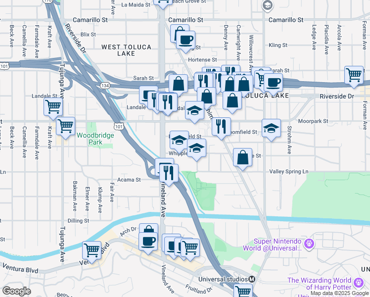 map of restaurants, bars, coffee shops, grocery stores, and more near 10929 Whipple Street in Los Angeles