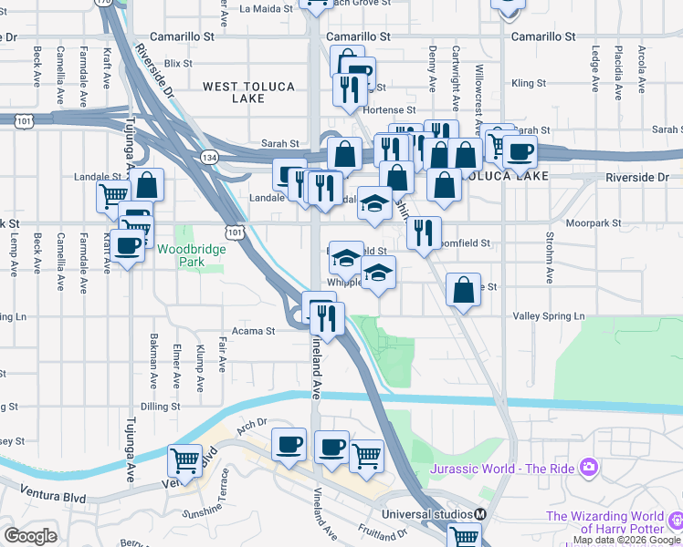 map of restaurants, bars, coffee shops, grocery stores, and more near 10953 Whipple Street in Los Angeles